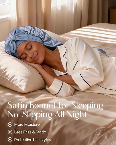 Silk Butter Satin Bonnet For Extra Long Adjustable - Blue