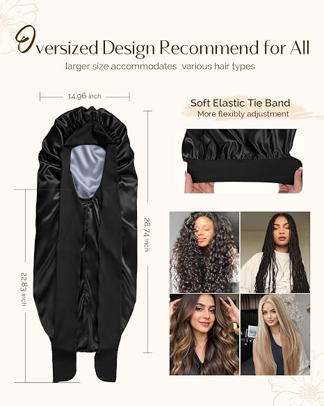 Silk Butter Satin Bonnet For Extra Long Adjustable - Black