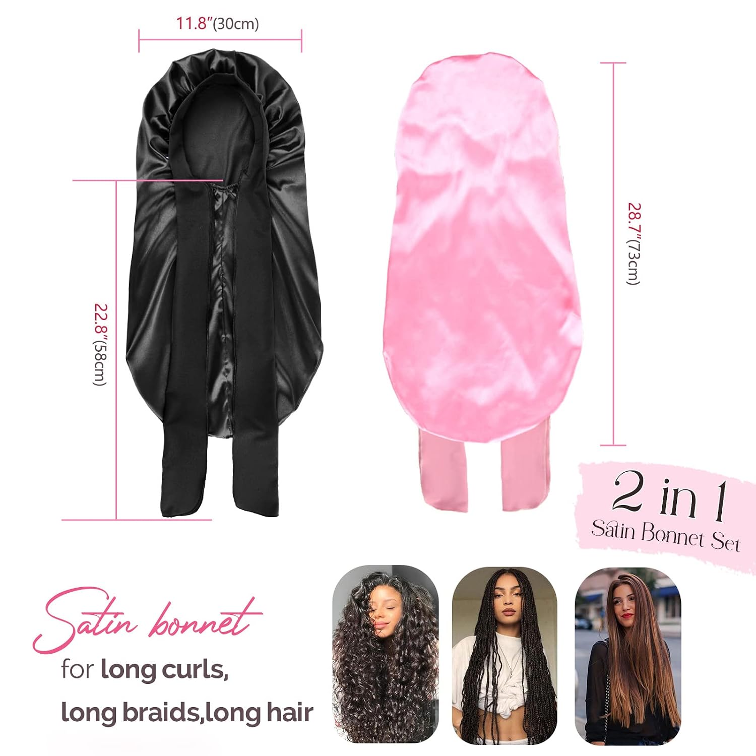 Silk Butter Satin Bonnet For Braids with Tie Band - Black & Pink