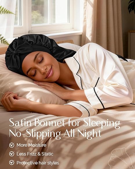 Silk Butter Satin Bonnet For Extra Long Adjustable - Black