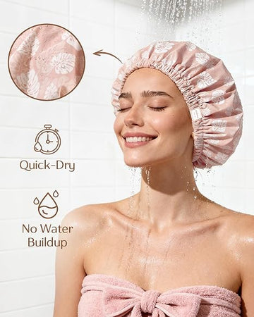 Butter Satin Lined Waterproof Shower Cap - Pink Leaves