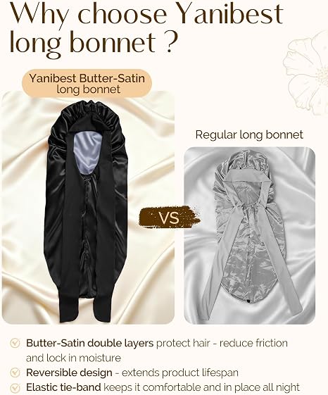 Silk Butter Satin Bonnet For Extra Long Adjustable - Black