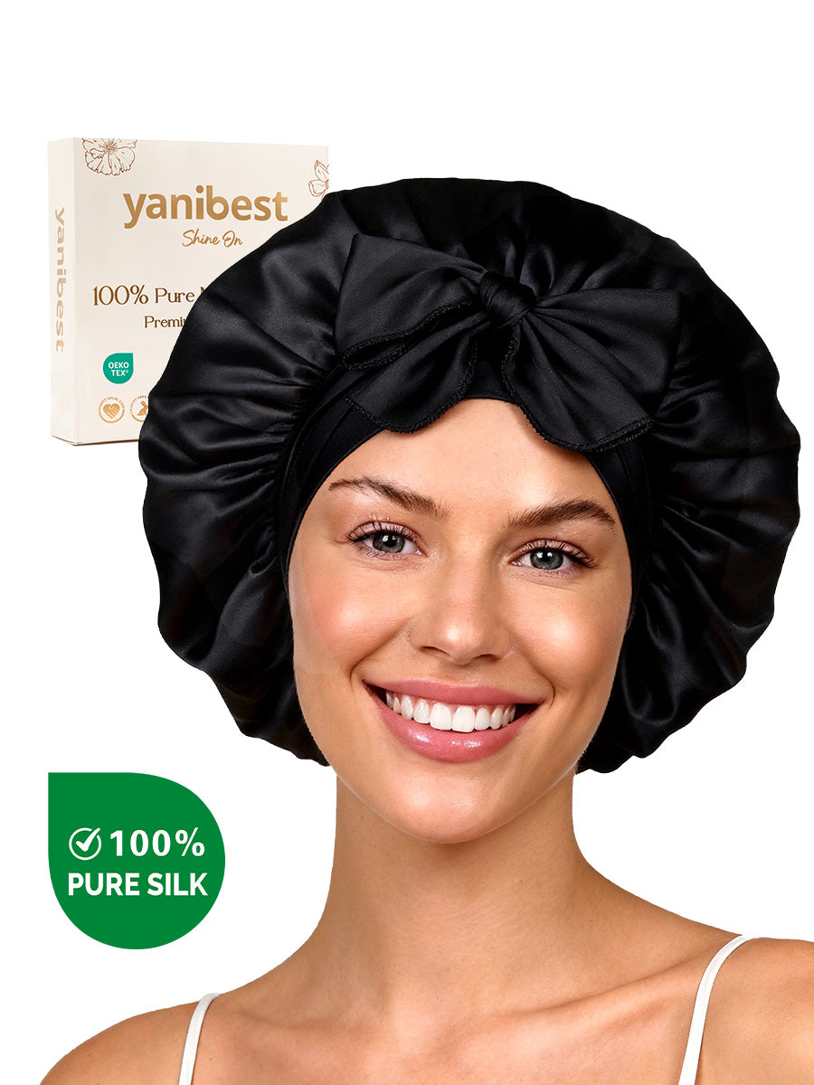 22 MOMME Mulberry Silk Bonnet with Tie Band - Black