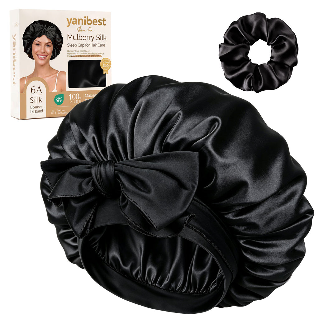 22 MOMME Mulberry Silk Bonnet with Tie Band - Black