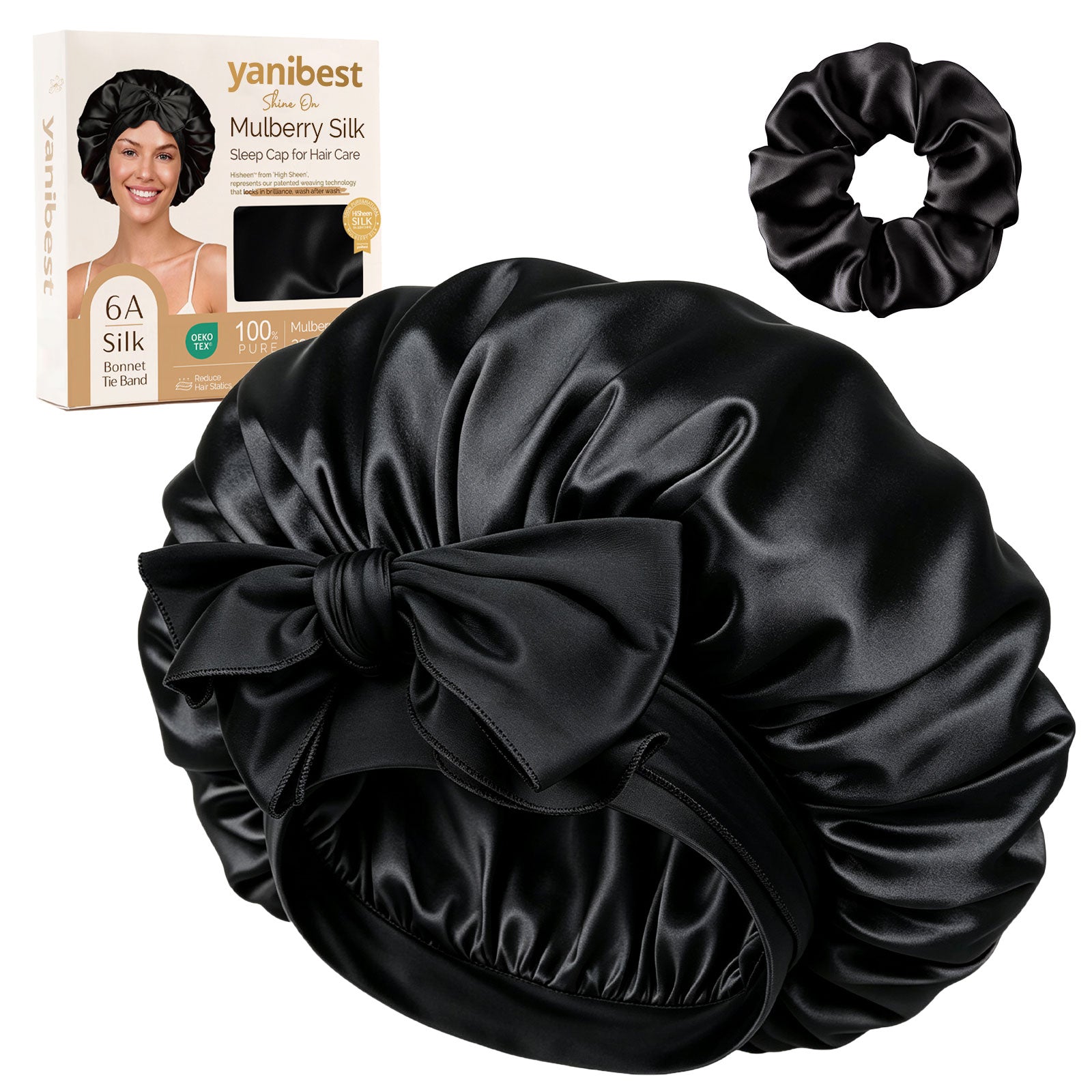 22 MOMME Mulberry Silk Bonnet with Tie Band - Black