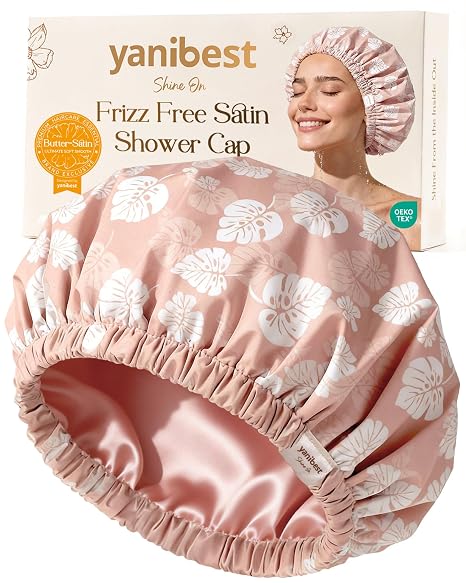 Butter Satin Lined Waterproof Shower Cap - Pink Leaves