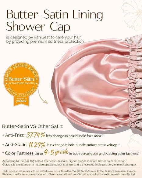 Butter Satin Lined Waterproof Shower Cap - Pink Leaves