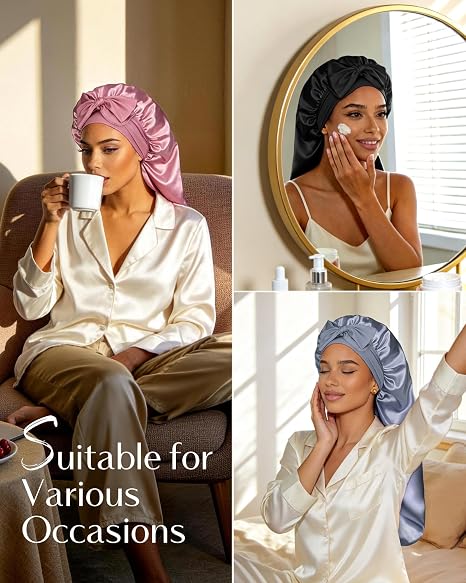 Silk Butter Satin Bonnet For Extra Long Adjustable - Black