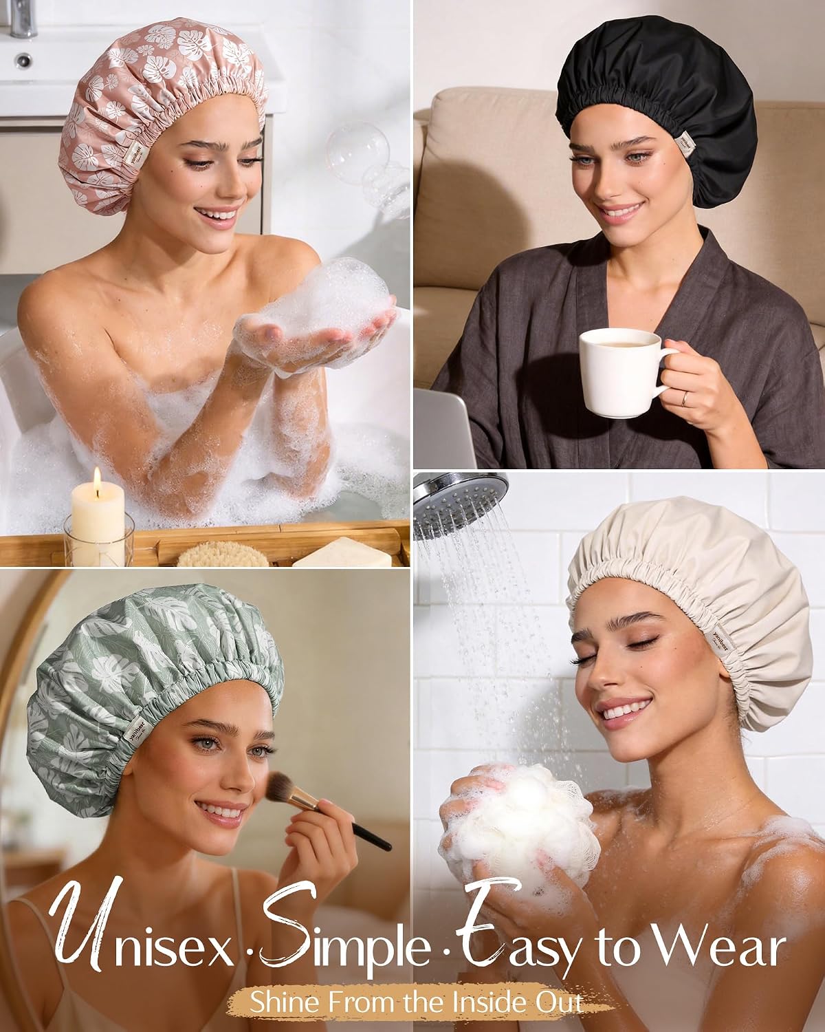 Butter Satin Lined Waterproof Shower Cap - Pink Leaves