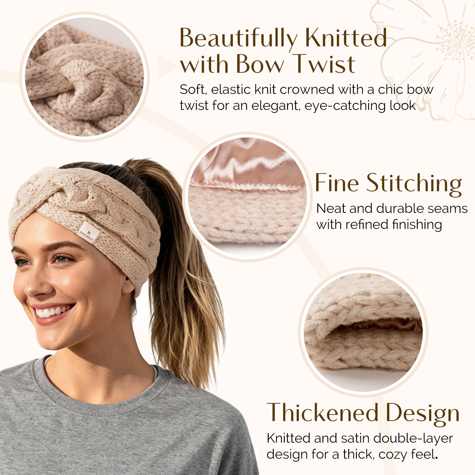 Satin Lined Headbands for Winter - Khaki