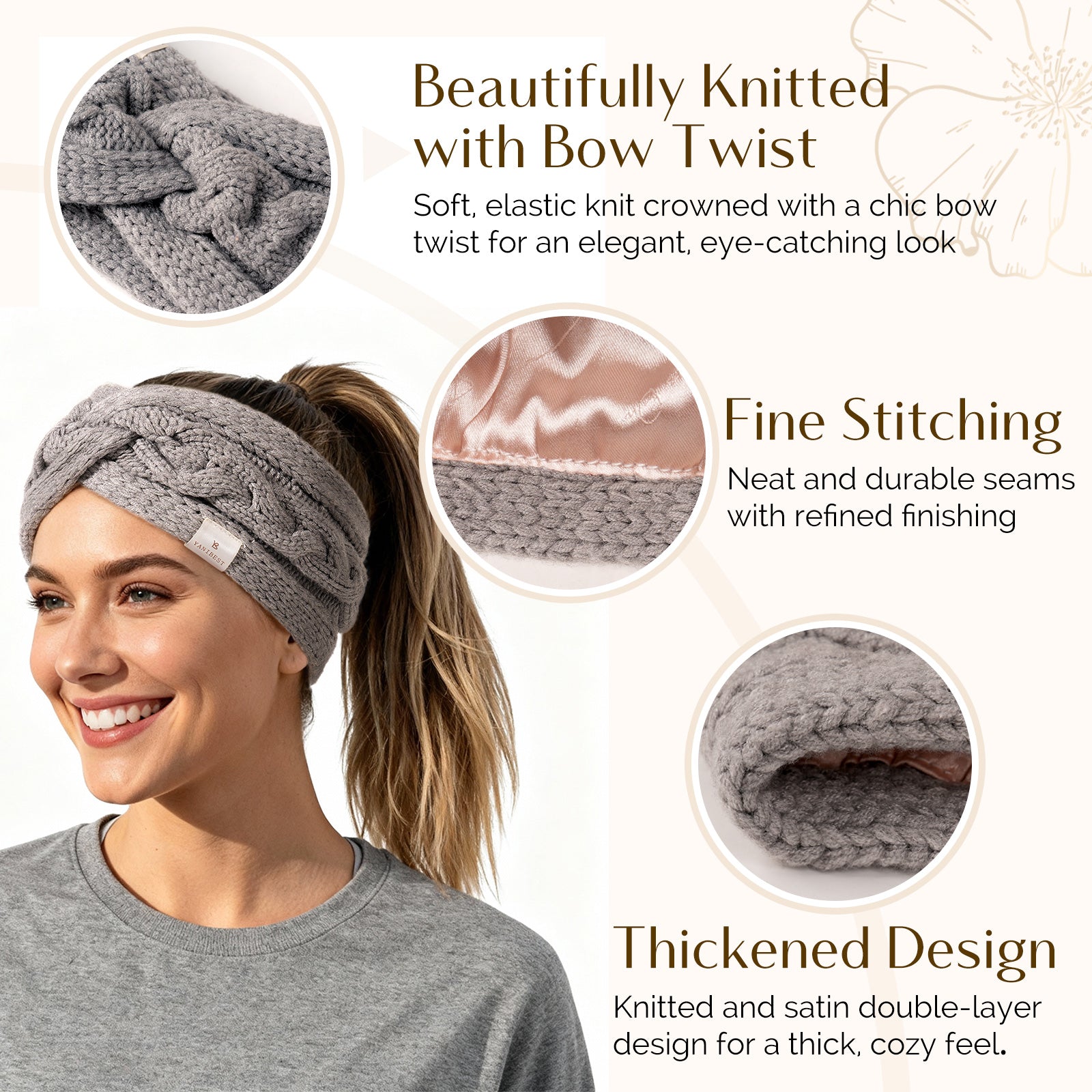 Satin Lined Headbands for Winter - Gray