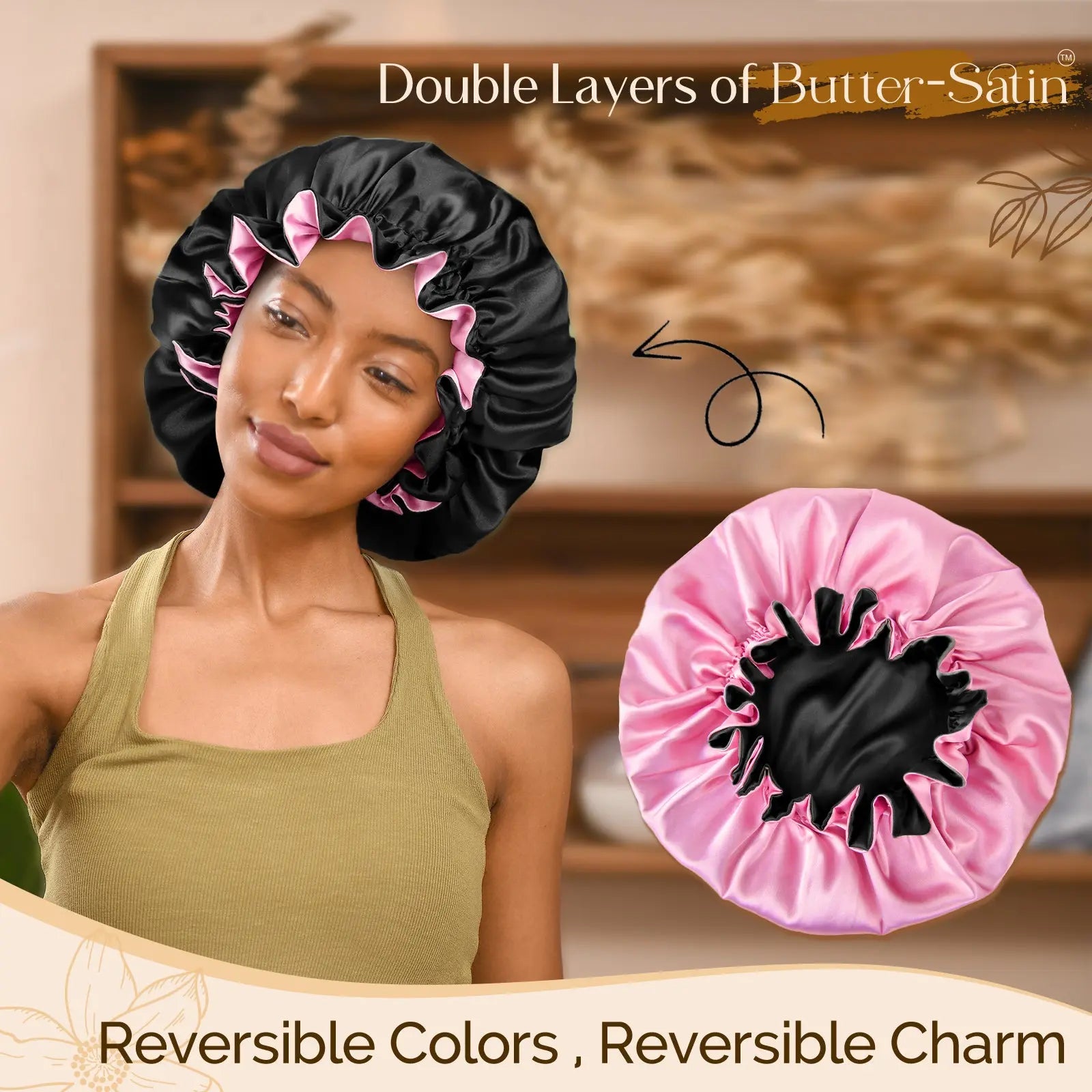 Blooming Edge Satin Bonnet|  Black YANIBEST