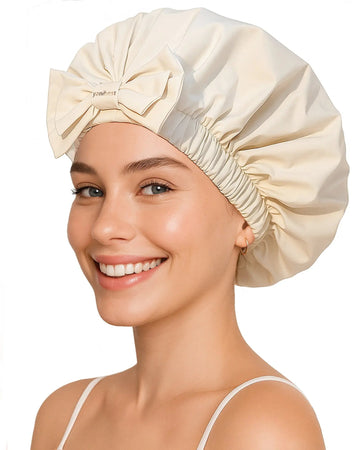 Bow Tie Waterproof Shower Cap - Beige