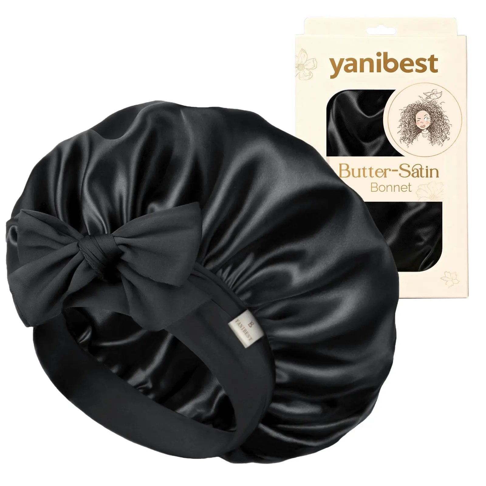 Butter Satin Bonnet with Tie Band - Black YANIBEST