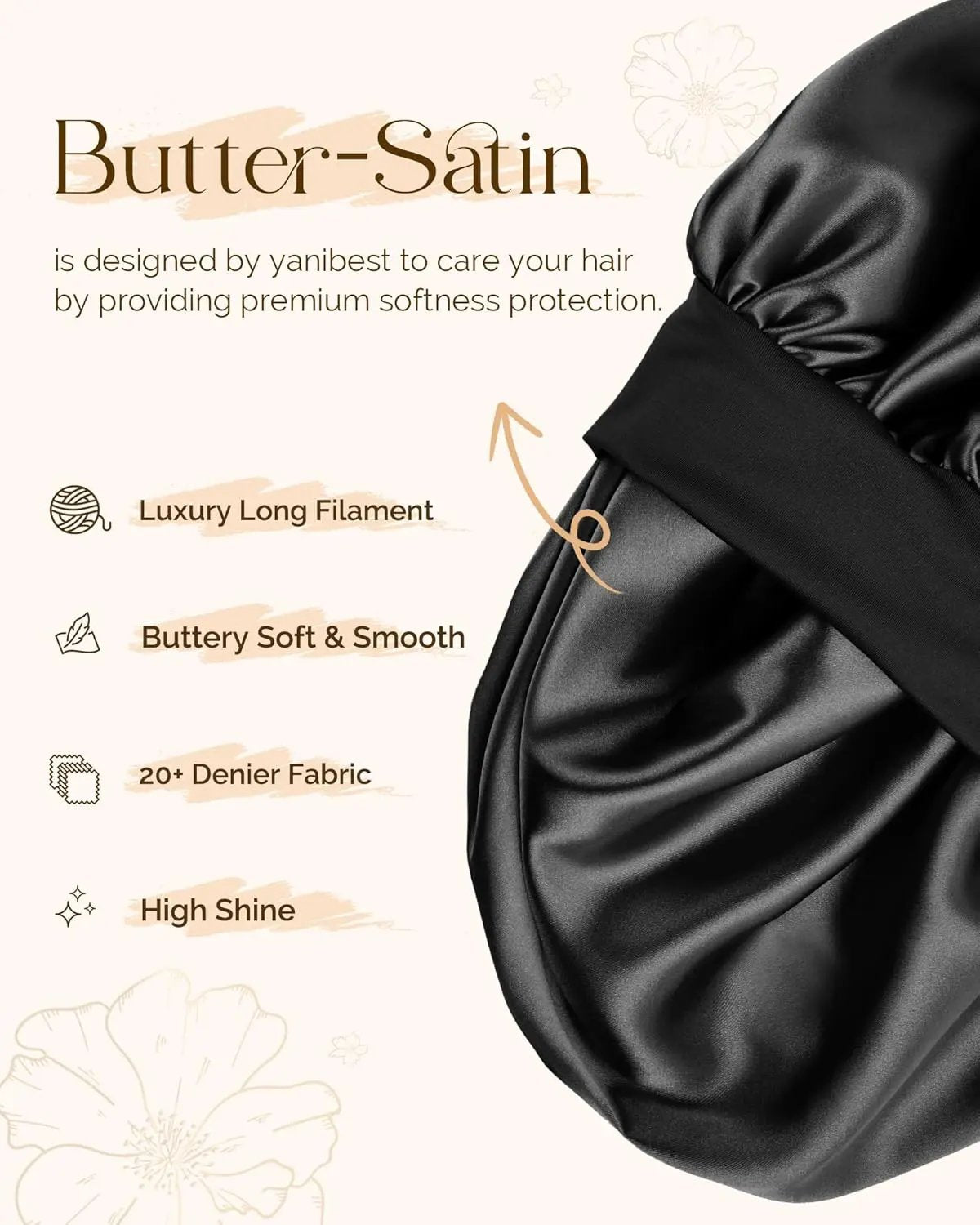 Butter Satin Bonnet with Tie Band - Black YANIBEST