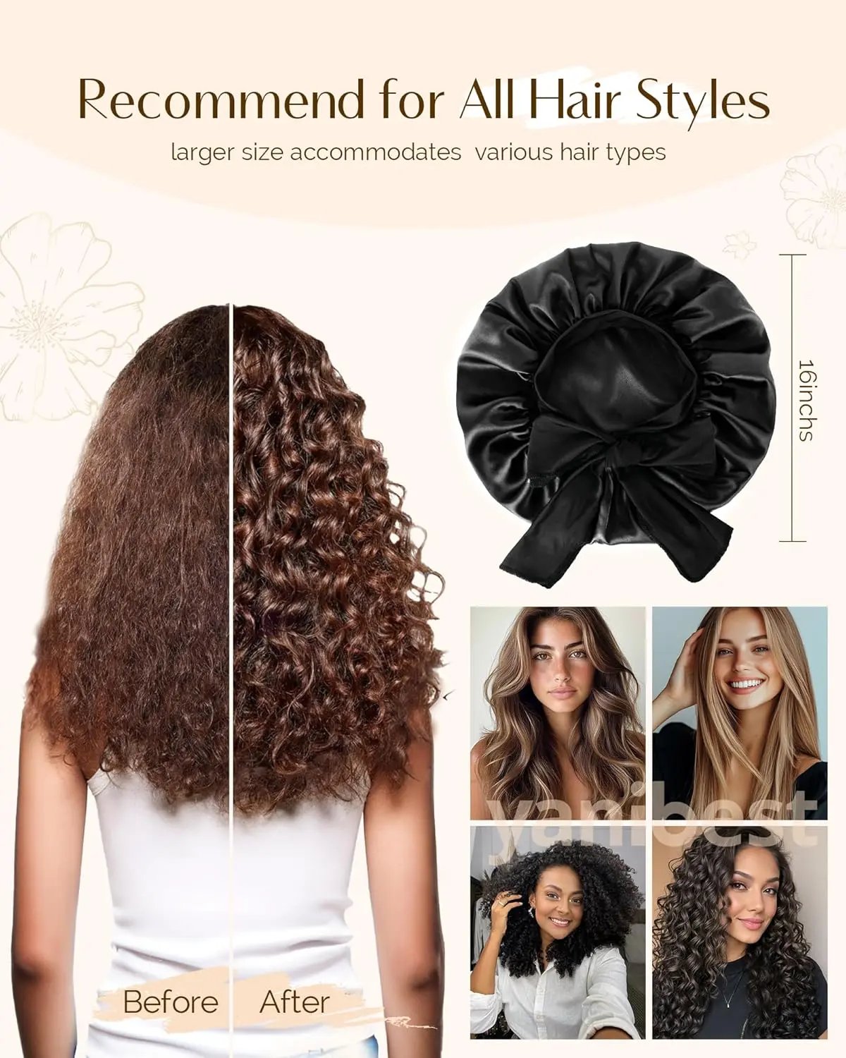 Butter Satin Bonnet with Tie Band - Black YANIBEST