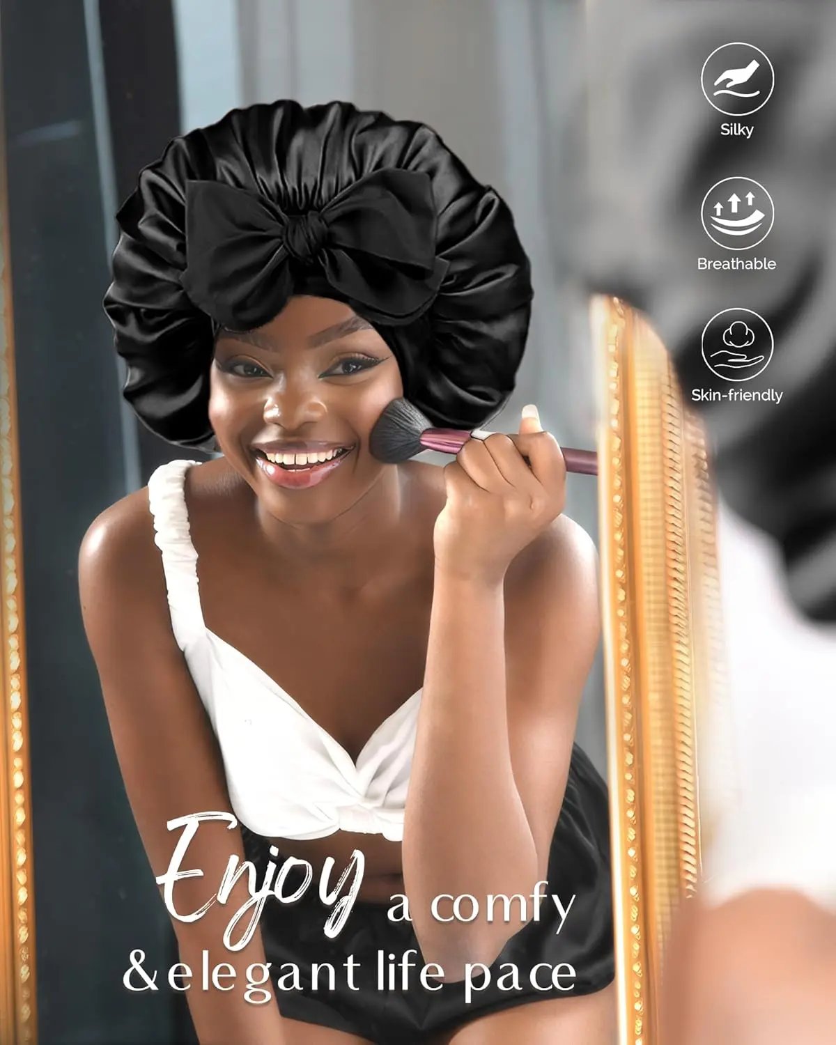 Butter Satin Bonnet with Tie Band - Black YANIBEST