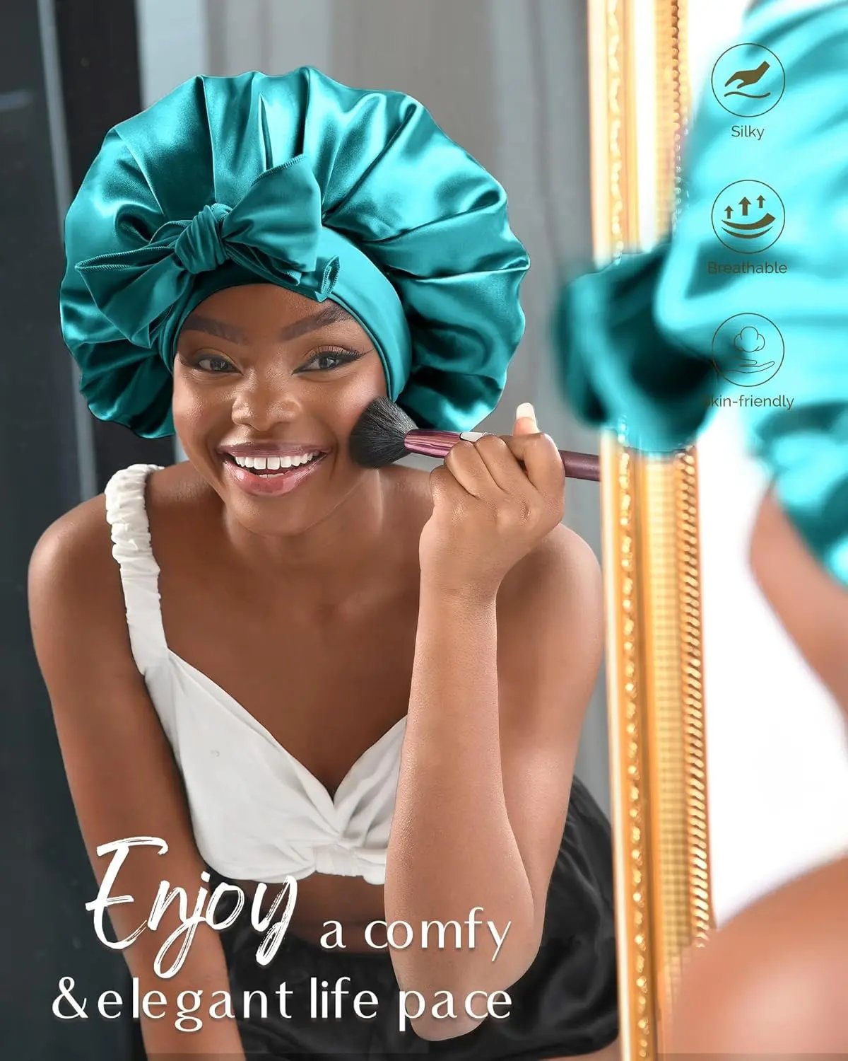 Butter Satin Bonnet with Tie Band - Blue YANIBEST