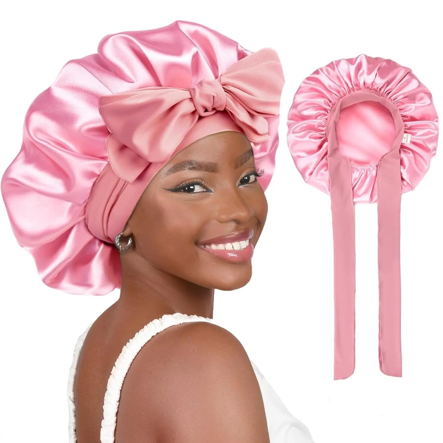Butter Satin Bonnet with Tie Band - Light Pink YANIBEST
