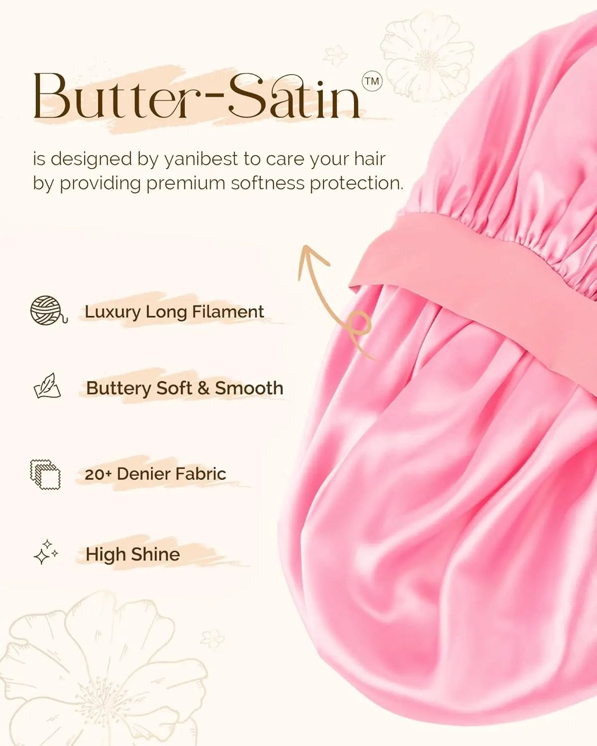 Butter Satin Bonnet with Tie Band - Light Pink YANIBEST