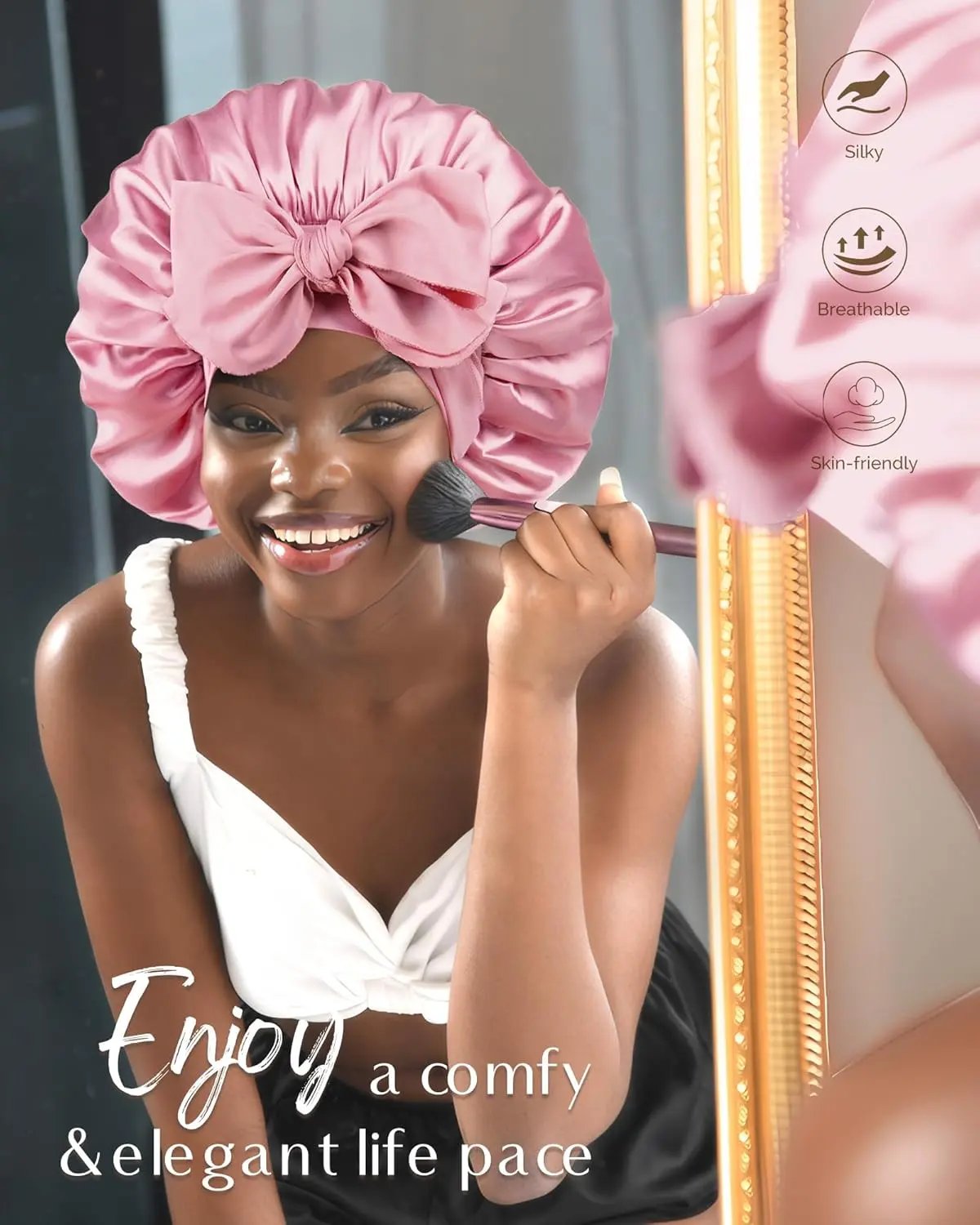 Butter Satin Bonnet with Tie Band - Light Pink YANIBEST