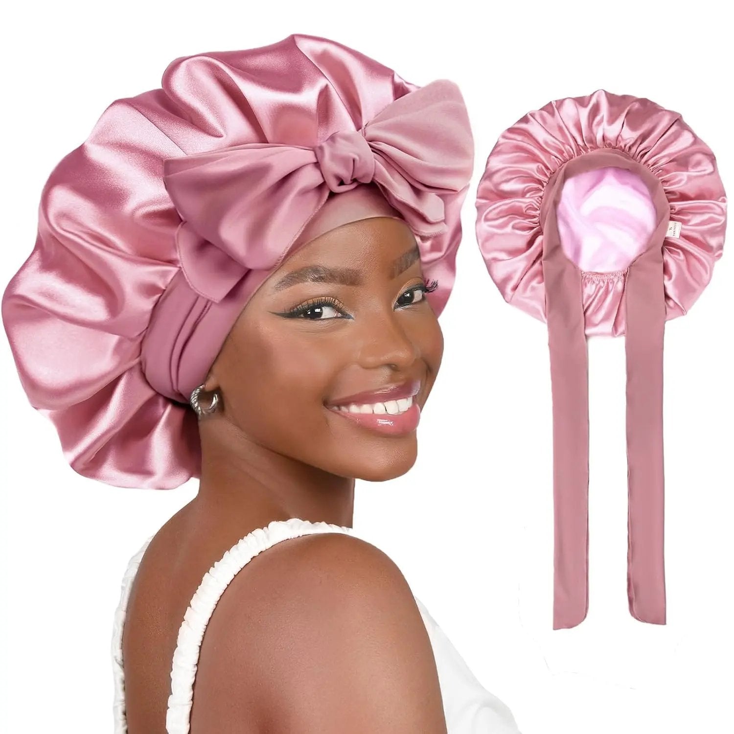 Butter Satin Bonnet with Tie Band - Purple Pink YANIBEST
