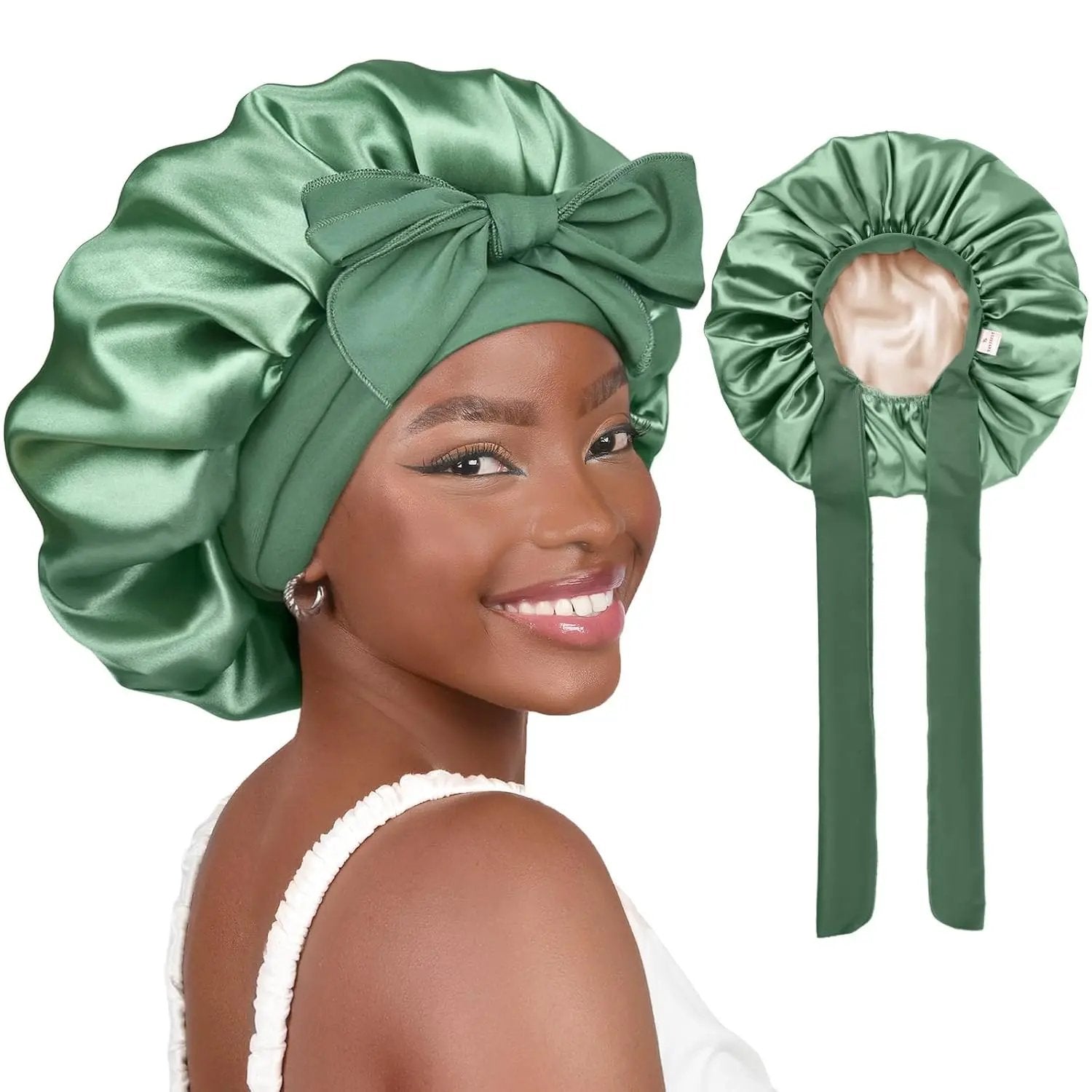 Butter Satin Bonnet with Tie Band - Sage Green YANIBEST
