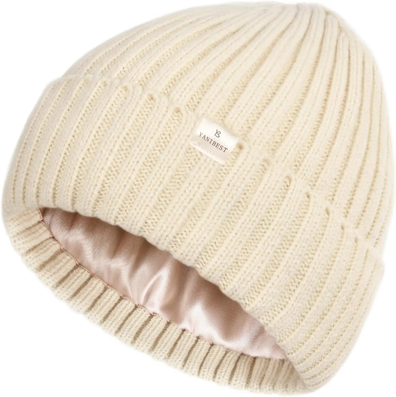 Butter Satin Lined Knit Skull Beanie - Beige YANIBEST