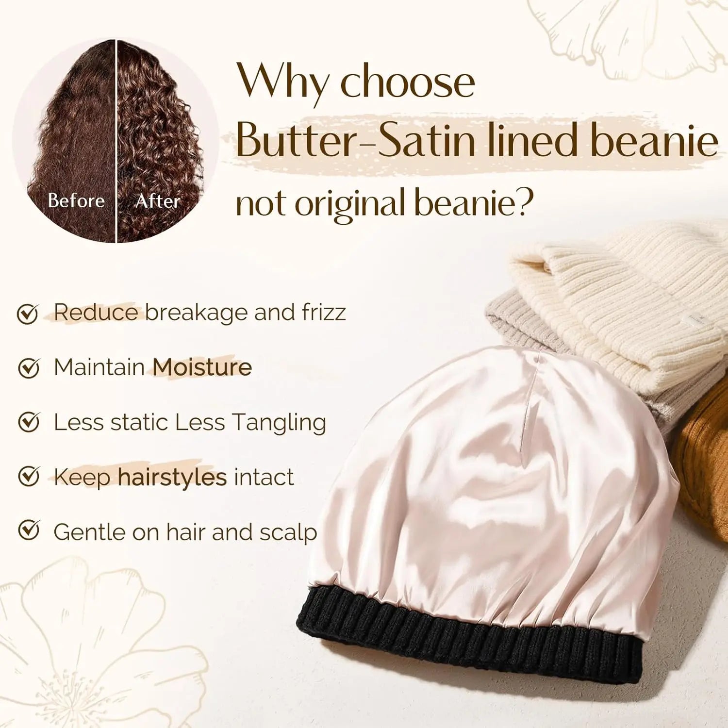 Butter Satin Lined Knit Skull Beanie - Beige YANIBEST