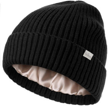 Butter Satin Lined Knit Skull Beanie - Black