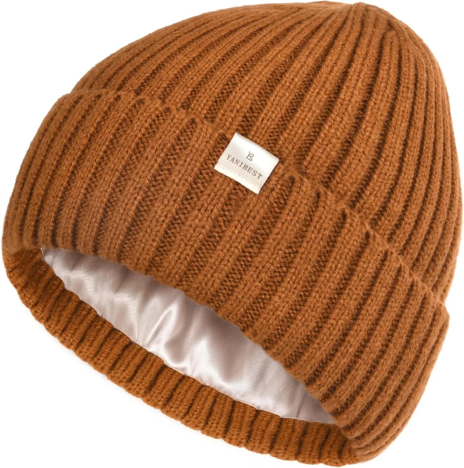 Butter Satin Lined Knit Skull Beanie - Dark Orange YANIBEST