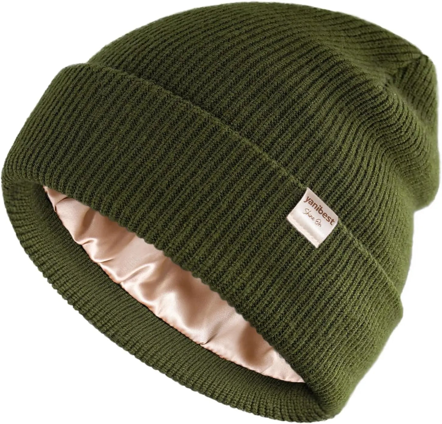 Satin Lined Knitted Winter Cuffed Beanie Hat Watch Cap Forest Green