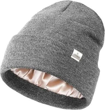 Butter Satin Lined Knit Skull Beanie - Light Grey