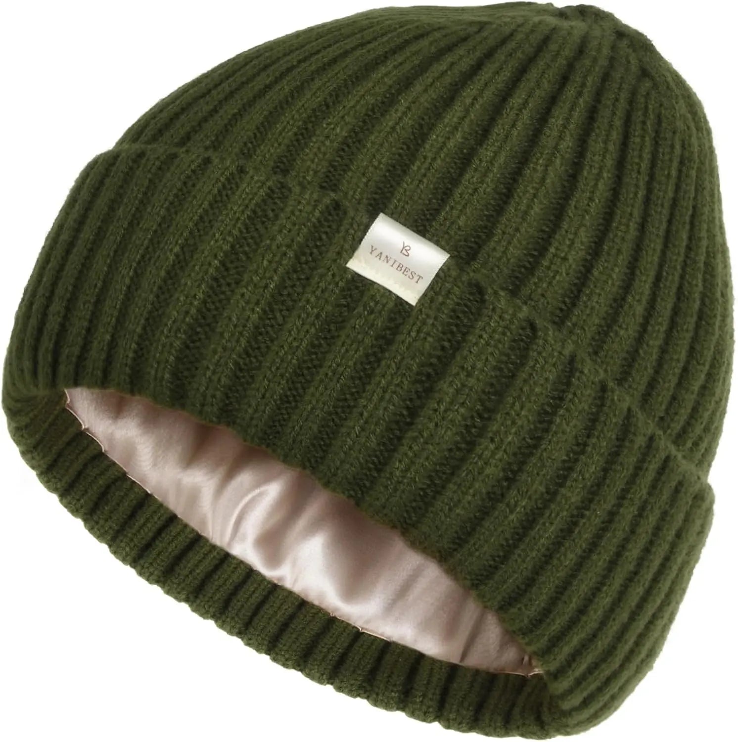 Butter Satin Lined Knit Skull Beanie - Navy Green YANIBEST