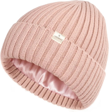 Butter Satin Lined Knit Skull Beanie - Pink