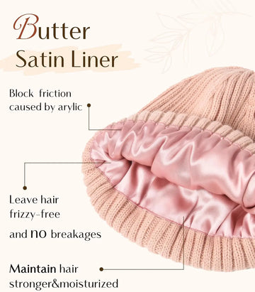 Butter Satin Lined Knit Skull Beanie - Pink