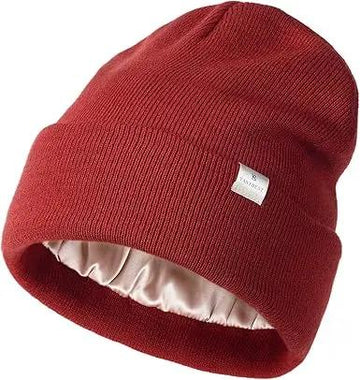 Butter Satin Lined Knit Skull Beanie - Wine Red