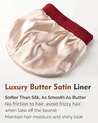 Butter Satin Lined Knit Skull Beanie - Wine Red