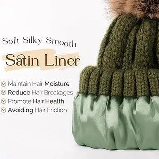 Butter Satin Lined Pom Winter Beanie - Forest Green YANIBEST