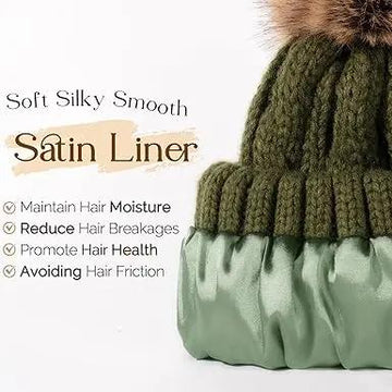 Butter Satin Lined Pom Winter Beanie - Forest Green