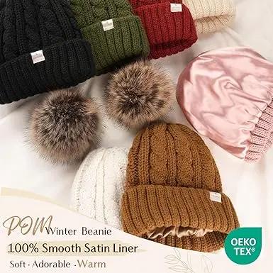 Butter Satin Lined Pom Winter Beanie YANIBEST
