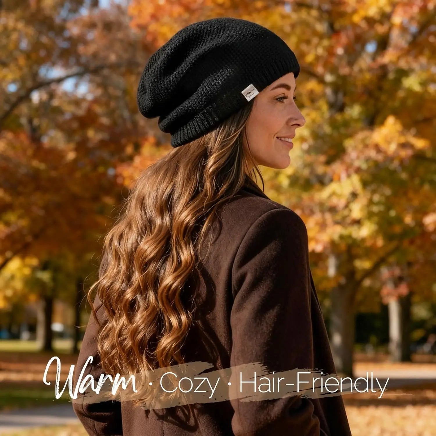 Butter Satin Lined Slouchy Beanie - Black YANIBEST