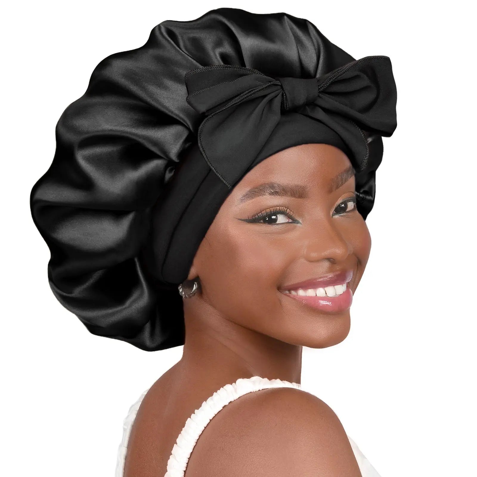 Double Layer Satin Bonnet with Tie Band Sleepwear| Black Black YANIBEST