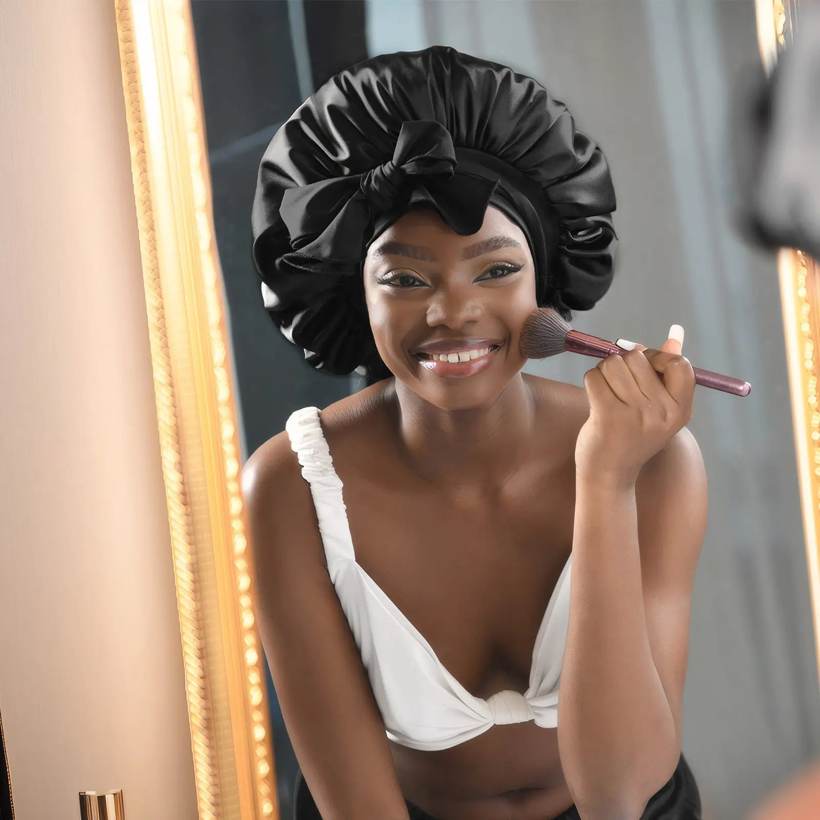 Double Layer Satin Bonnet with Tie Band Sleepwear| Black Black YANIBEST