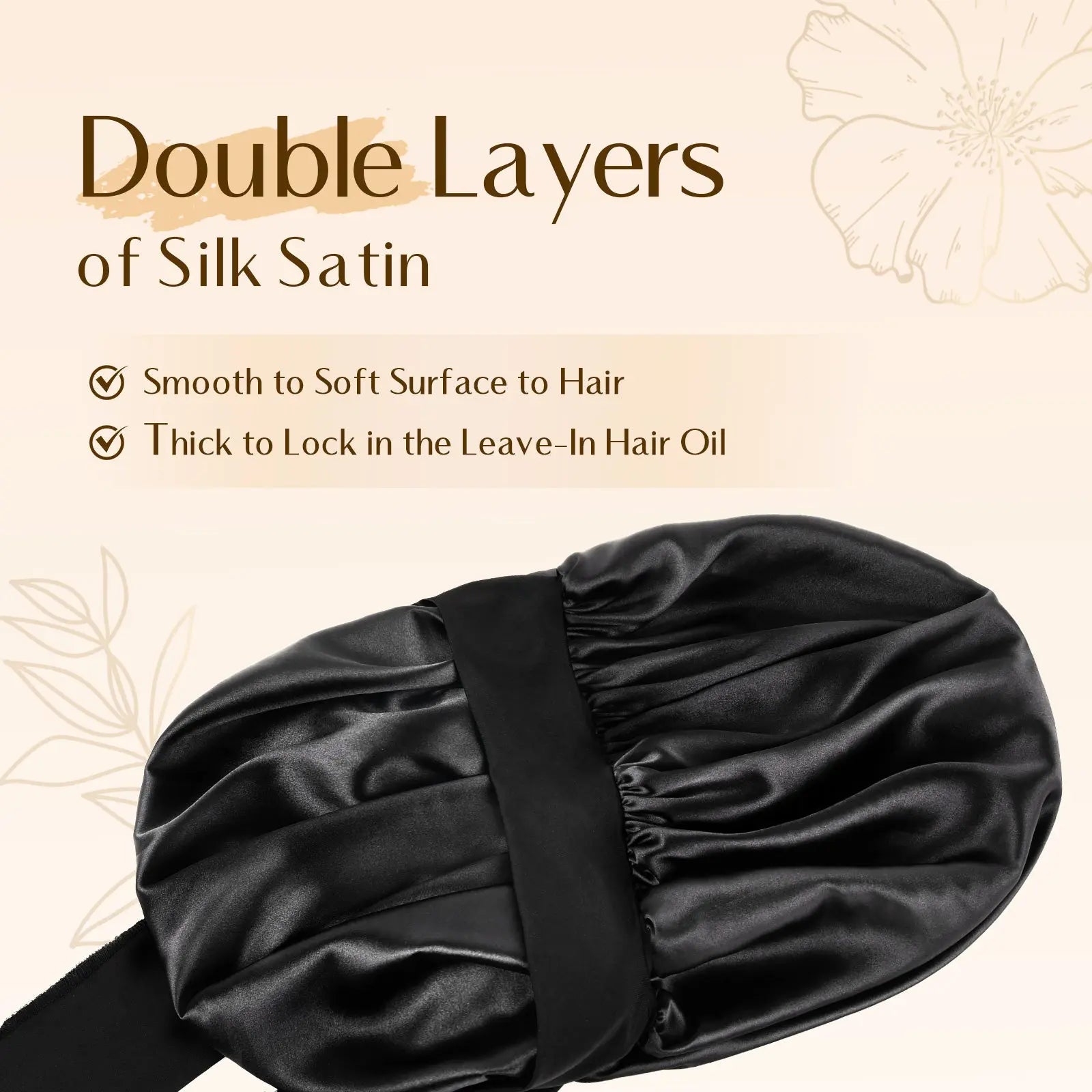 Double Layer Satin Bonnet with Tie Band Sleepwear| Black Black YANIBEST