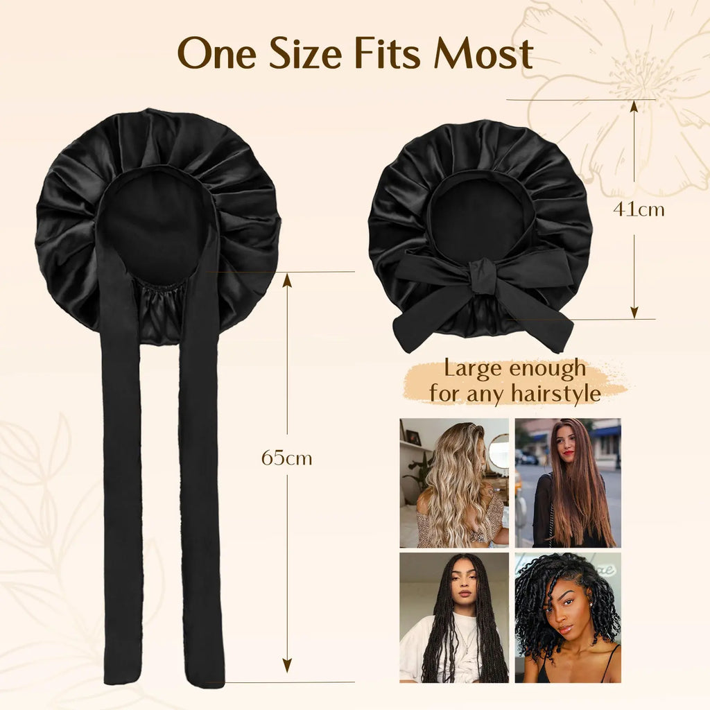 Double Layer Satin Bonnet with Tie Band Sleepwear| Black Black YANIBEST
