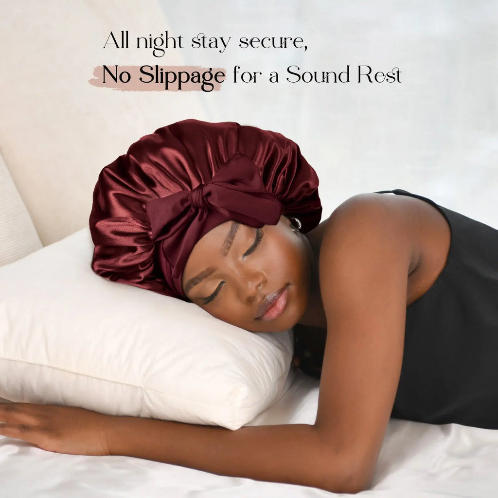 Double Layer Satin Bonnet with Tie Band Sleepwear|  Burgundy Red YANIBEST