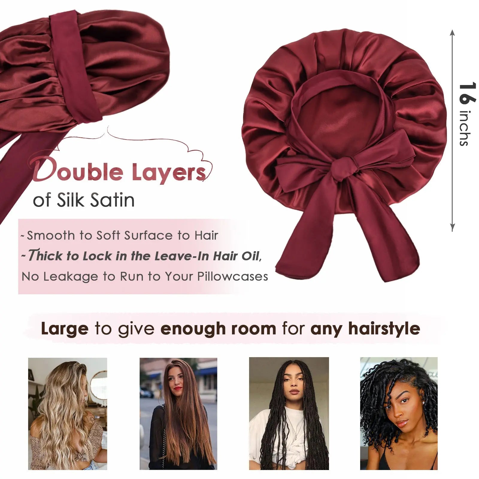 Double Layer Satin Bonnet with Tie Band Sleepwear|  Burgundy Red YANIBEST