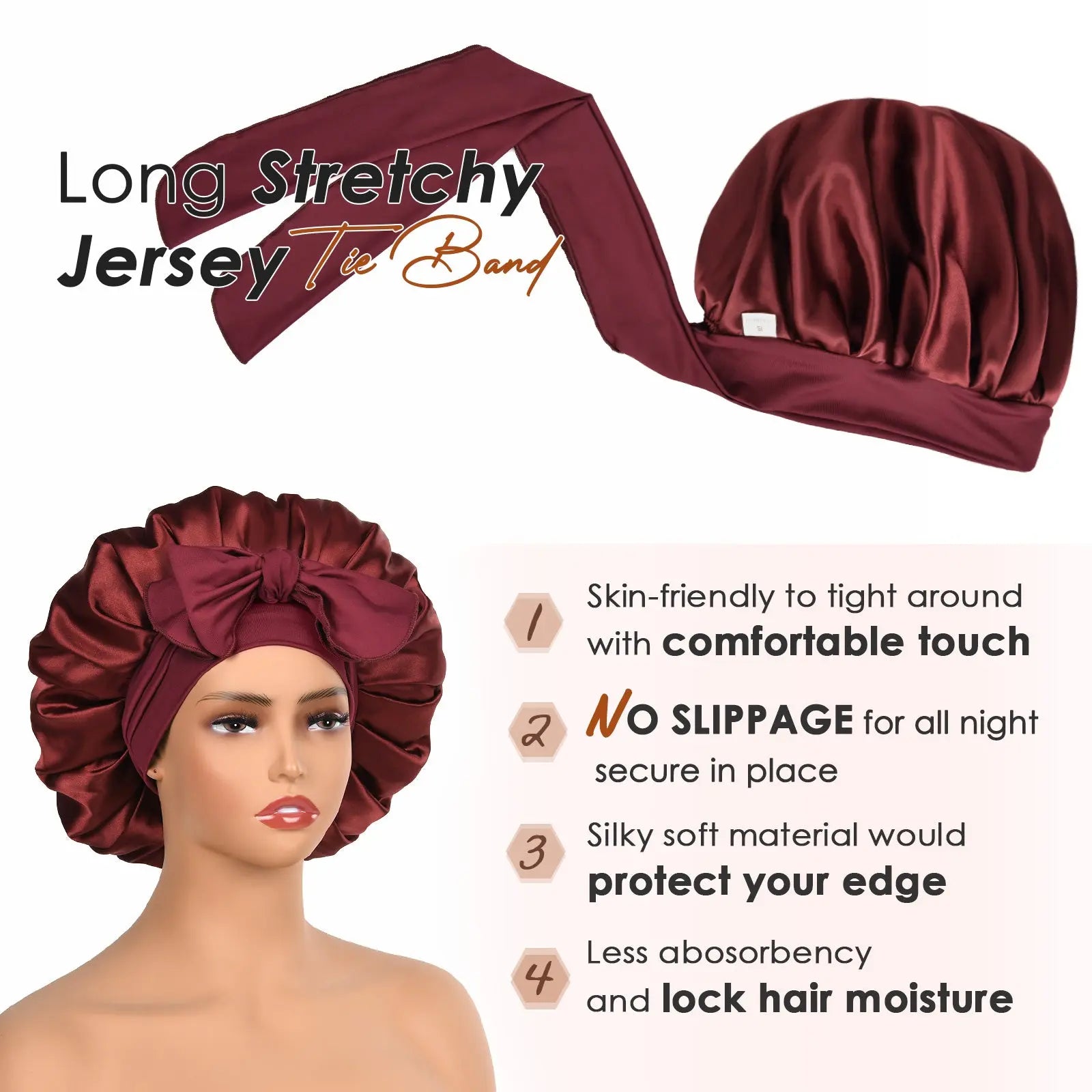 Double Layer Satin Bonnet with Tie Band Sleepwear|  Burgundy Red YANIBEST