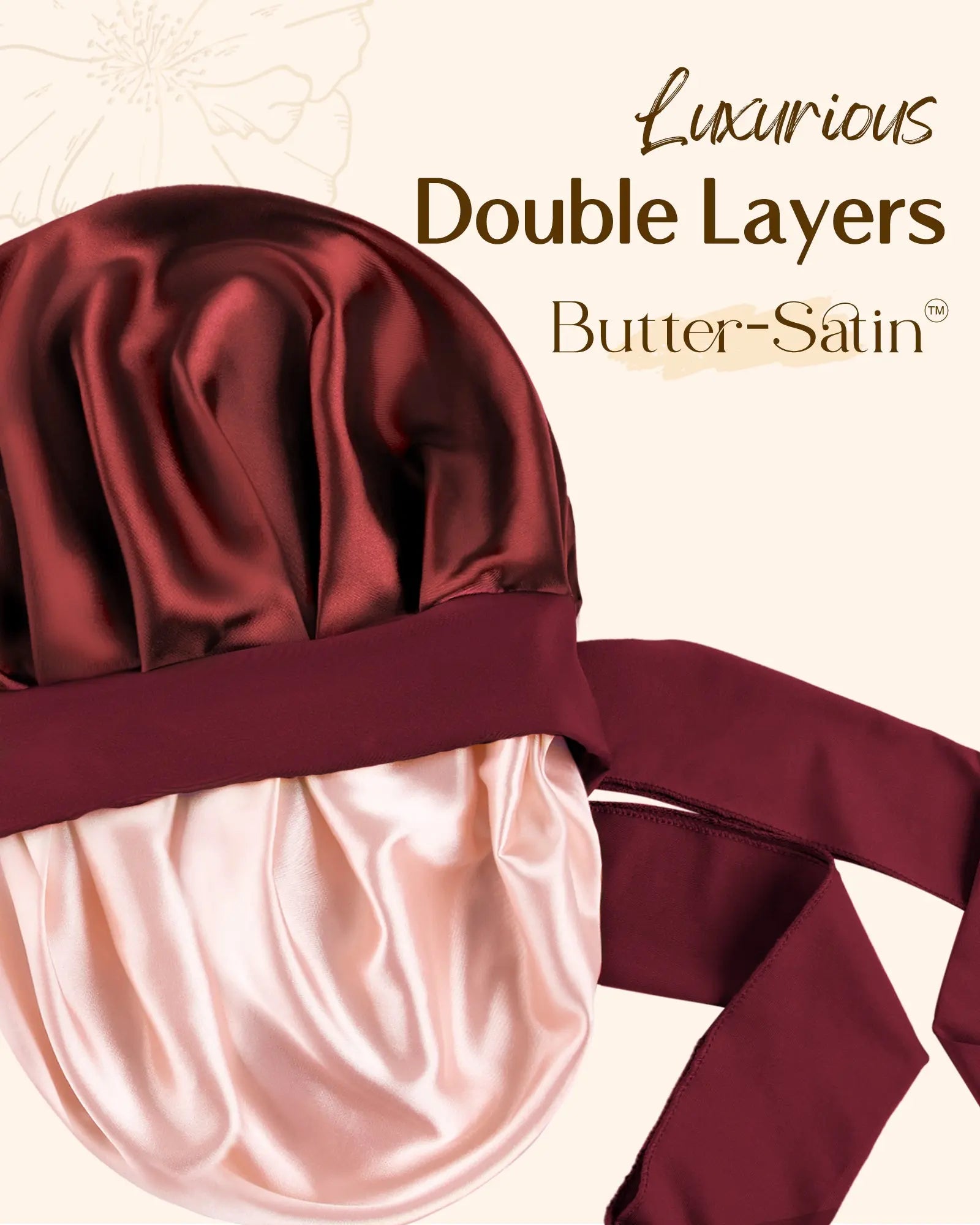 Double Layer Satin Bonnet with Tie Band| Burgundy YANIBEST